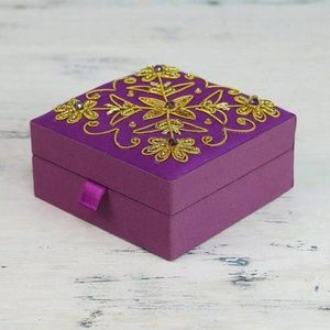 Blue Square Jewelry Box with Gold Embroidered Floral Design and Lid Closure - Product Image 2