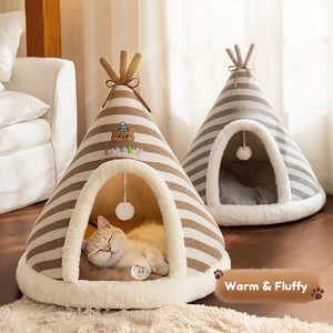 Cama Cálida de Invierno para Gatos, Tienda de Campaña Tipo Tipi, Casa Tejida a Rayas, Nido Cueva para Mascotas con Pelota Colgante y Cojín Suave de Felpa para Gatos y Perros de Interior - Product Image 2
