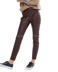 新款女士价格便宜，黑色直筒时尚羊皮裤，畅销女式皮革酒红色便裤