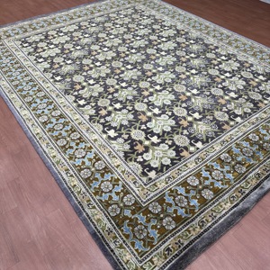 8x10 Ft Hand Knotted Saree Silk Charcoal Black And Olive GreenTraditional Floral Handmade Luxury Area Carpet for Living Room - Product Image 4