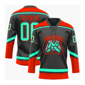 Fábrica de camisetas personalizadas para equipos de hockey sobre hielo, compra camisetas de hockey sobre hielo al por mayor en línea, camiseta gris carbón oscuro con detalles en verde menta y naranja. - Product Image 1