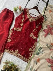 <b>Red</b> <b>Silk</b> Embroidered Women's Traditional Indian Pakistani Wedding Dress Set Regular Fit All Seasons - Product Image 5