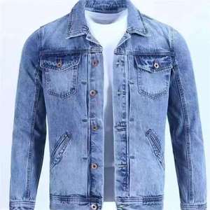 Men Denim Jacket Regular Fit <b>Turn</b>-Down Collar 100% Cotton Casual Style Stonewashed Solid Color <b>Button</b> Closure Spring Season - Product Image 1