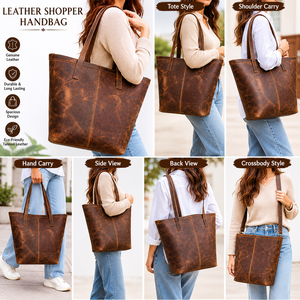 Genuine Leather Shopper Tote <b>Bag</b> for Women Vintage Hunter Leather Handbag with Zipper Closure and <b>Large</b> Capacity - Product Image 6