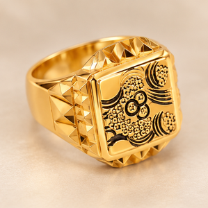 Bague de mode pour homme en or massif 14 carats, bague signet carrée de luxe, bijou en or gravé complexe - Product Image 3