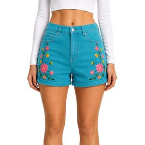 Turquoise <b>Women</b> High Waist Denim Shorts With Colorful Floral Embroidery Casual Summer Stretch <b>Jean</b> Shorts Custom OEM ODM Apparel - Product Image 1