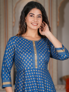 Womens Blue Rayon Golden Buti Printed Anarkali Kurta With Round Neck <b>Three</b> Fourth Sleeves Crafted For Global Ethnic Casual Wear - Product Image 4