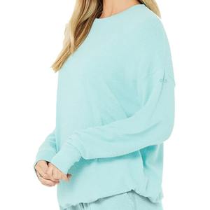 Light <b>Blue</b> Long Sleeve Pullover Sweatshirt O-Neck Loose Fit Casual Knitted Cotton Solid Color Autumn Wear Unisex - Product Image 3