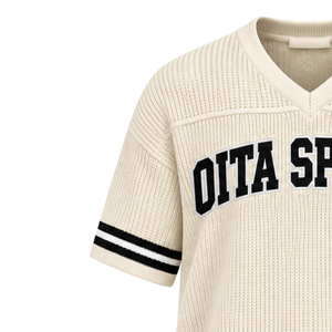 Neutral <b>White</b> Knit <b>V</b> <b>Neck</b> Sports Jersey Short Sleeve Black Stripe Trim Custom Oversized Casual Athletic Performance Team <b>Shirt</b> - Product Image 6