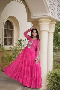 Fancy <b>Pink</b> Patch Work Faux Georgette Anarkali Gowns Women Floor-Length Traditional Indian Festival Wear Navratri Ethnic Recycled - Product Image 2