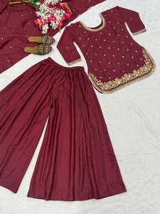 Conjunto de Kurta/Pantalón/Dupatta de Seda Romana para Mujer, con Bordado, de Secado Rápido, Estilo Moderno, para Bodas/Fiestas/Diwali - Product Image 5