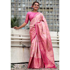ผ้าไหมเนื้อนุ่มสีชมพูอ่อนแบบคันจิวารัม ผ้าซารีแบบดั้งเดิม ปักด้วยด้ายซารี ผลิตโดย Elite Weaves สำหรับเสื้อผ้าอินเดียและปากีสถาน - Product Image 3