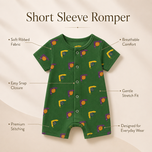 Romper de Manga Corta Acanalado para Bebé, 100% Algodón Verde |   Conjunto de una pieza suave para bebé, unisex, con broches frontales, para uso diario, personalizado - Product Image 5