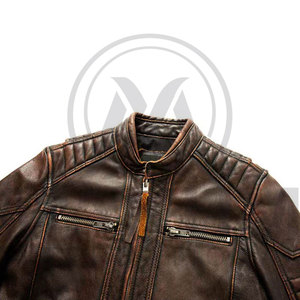 Men's Brown Leather Motorcycle Jacket Stand Collar Zipper Closure Slim Fit Moto Biker Style - Product Image 5