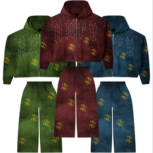 Multi Color Rhinestone Tracksuit <b>Set</b> | Oversized Zip Hoodie & <b>Jogger</b> Pants | Streetwear <b>Matching</b> <b>Set</b> OEM Private Label - Product Image 1
