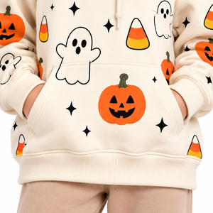 Sudadera con capucha de invierno para niñas, color crema, con estampado de fantasma, calabaza y dulces de Halloween, de forro polar, con bolsillo canguro, de secado rápido - Product Image 4