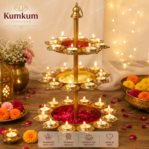 3-Layer Brass Metal Handmade Eco-Friendly Golden Diya Urli Standing Shape Pooja Stand Diwali Festival Wedding Home Decoration - Product Image 3
