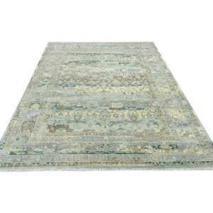 Alfombra de Lana Pura Anudada a Mano - Alfombra Oriental Floral de Lujo en Turquesa y Beige de Pelo Corto para Decoración Moderna de Sala de Estar - Product Image 3