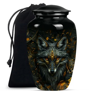 Schwarzer Wolf, der den Mond heulend anruft - Design-Urne für Erwachsenenasche, dekorative Aluminium-Bestattungsurne mit Samtbeutel - Product Image 2