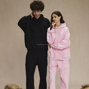 Personalizado de lujo 450GSM Puff impresión francés Terry chándal conjunto recortado con capucha de lana de peso pesado Sudadera con capucha de gran tamaño - Product Image 1