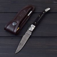 Couteau pliant OEM artisanal en acier Damas à pointe tombante, manche en corne noire, verrouillage arrière, pour activités de plein air, EDC, chasse, haute qualité, garantie 3 ans