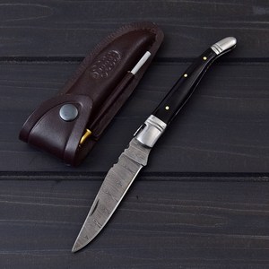 Couteau pliant de poche Damas fait main sur mesure, pointe tombante, manche en corne noire, verrouillage arrière, couteaux de chasse EDC pour l'extérieur, vente en gros USA UE - Product Image 1