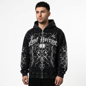 Black Washed Zip <b>Hoodie</b> French Terry Streetwear Breathable <b>Gothic</b> Customized Design High Quality 350grams Unisex Custom Front - Product Image 2