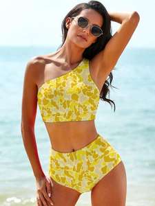 Ensemble bikini taille haute asymétrique pour femme, avec logo personnalisé, imprimé camouflage, maillot de bain deux pièces athlétique, tenue de plage - Product Image 3