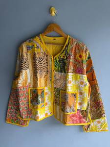 Yellow <b>Patchwork</b> Cotton Jacket V-Neck Button Front Bohemian Style Casual Outerwear for Women Full Sleeve Reversible Design gift - Product Image 1