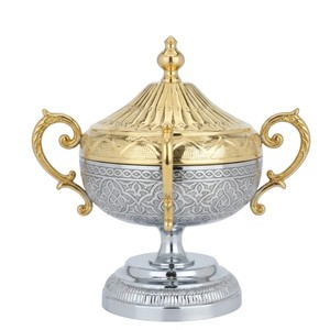 Bol à dattes en métal fait main de style arabe moderne, écologique, avec couvercle, plaqué or et argent, plat de service décoratif, décoration de table de fête - Product Image 1