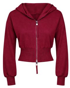 Womens Wine Red <b>Cropped</b> <b>Zip</b> <b>Up</b> Hoodie Slim Fit Long Sleeve Casual Streetwear Cotton Fleece Sweatshirt Custom Logo ODM Factory - Product Image 1