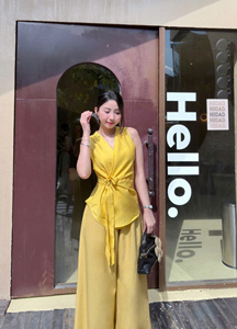 Yellow Solid Sleeveless Wrap <b>Tie</b>-Bow <b>Top</b> Wide-Leg Skirt Pants Set Vietnam Cotton Linen Blend Breathable V-<b>Neck</b> Women's Long - Product Image 3