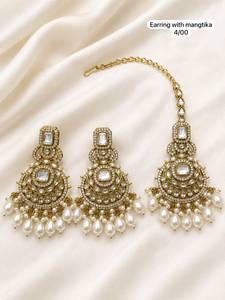 Boucles d'oreilles pendantes plaquées or avec zircon et motif floral ethnique, ensemble Maangtika, bijoux de fiançailles noirs et blancs pour femmes - Product Image 5