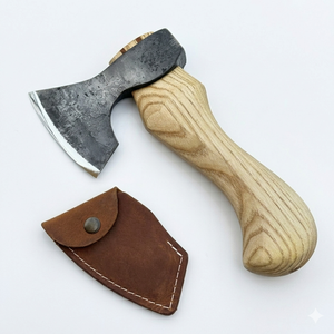 ขวานมินิอุตสาหกรรมทำมือจากเหล็กกล้าคาร์บอนสูง พร้อมด้ามไม้และปลอกหนัง รับผลิตตามแบบ ODM - Product Image 1