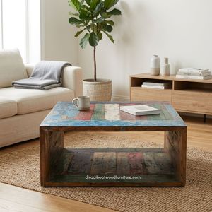 Durable <b>Coffee</b> <b>Table</b> From Reclaimed Old Boat Wood With Authentic Vintage Colors And Open Storage Shelf Design Indoor Living Room - Product Image 3