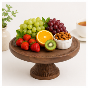 Handcrafted Natural Wood <b>Cake</b> <b>Stand</b> Round Pedestal Dessert Display Platter With Carved Scalloped Edge For Weddings And Parties - Product Image 2