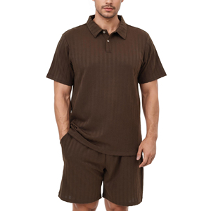 Ensemble T-shirt et short en coton pour homme, col rond, tricoté géométrique, tenue décontractée deux pièces, respirant, beige clair, vente en gros - Product Image 2