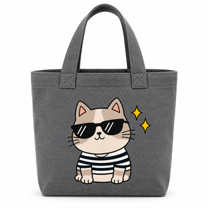 Sac fourre-tout en toile grise avec imprimé chat de dessin animé, motif chemise rayée et lunettes de soleil, style décontracté pour le voyage et le shopping - Product Image 1