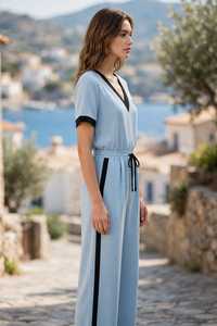 Women's Light Blue Color Block <b>Jumpsuit</b> V-Neck Short Sleeve Loose <b>Casual</b> Tracksuit Drawstring <b>Wide</b> <b>Leg</b> Pants - Product Image 3