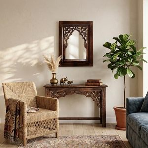 Miroir mural Jharokha en bois sculpté à la main noir antique, cadre de miroir décoratif au design arqué traditionnel pour la maison et la chambre - Product Image 6