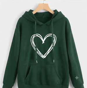 <b>Women's</b> Green <b>Hoodie</b> with <b>White</b> Heart Print 100% Cotton Knitted Breathable Casual Front Logo Pocket Design Winter Wear - Product Image 1