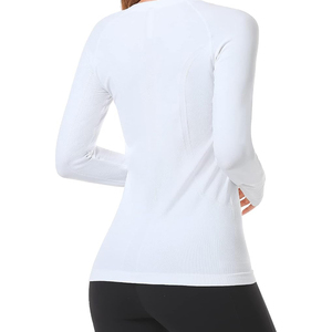 Camiseta de Yoga de Manga Larga Blanca para Mujer, Cuello Redondo, Color Sólido, Transpirable, Ropa Deportiva, Corte Regular, Manga Completa - Product Image 1