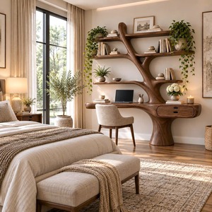 Escritorio de Madera Contemporáneo de Pared DS08 Luxali Hecho a Mano con Estanterías en Forma de Árbol y Cajón para Oficina en Casa - Product Image 4