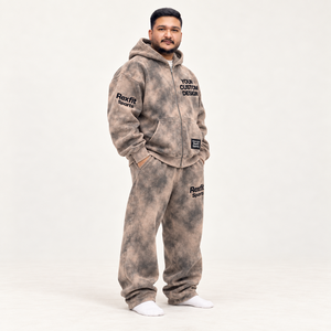 Ensemble de survêtement zippé délavé pour homme en molleton teint, comprenant un sweat à capuche et un pantalon de survêtement ample, avec impression DTF personnalisée, style streetwear décontracté, ensemble deux pièces - Product Image 2