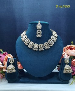 Geometric Square Shape Motif Crystal Beaded Fringe Necklace <b>Set</b> Wth Jhumka & Tika Festive Wear Antique Gold Plated <b>Jewellery</b> <b>Set</b> - Product Image 2