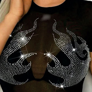 Wholesale Women Mesh Crop <b>Top</b> Rhinestone Flame Graphic Slim Fit Streetwear Y2K Fashion Clubwear Supplier <b>Top</b> - Product Image 3