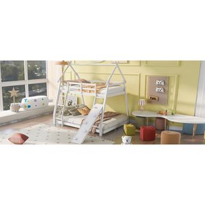 White Twin Over Queen House Bunk <b>Bed</b> with Climbing <b>Nets</b> and Ramp Kids' Furniture - Product Image 5