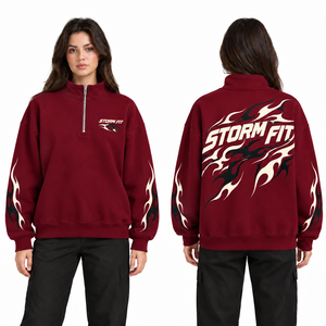 Sweat-shirt à capuche zippé pour femme, personnalisé, imprimé flamme bordeaux, style streetwear, coupe classique, en coton tricoté respirant - Product Image 1