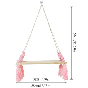 Bohemian <b>Wooden</b> Single Tier Wall Shelf Hanging Rope Pink Beaded Tassel <b>Decor</b> Storage Rack for Living Room <b>Nursery</b> - Product Image 3