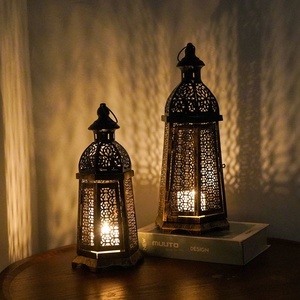 Antique Finish <b>Moroccan</b> Metal <b>Lanterns</b> Set Of 2 Bronze Cutout Design Hexagonal Shape For Home Decoration & Ramadan Lighting - Product Image 6
